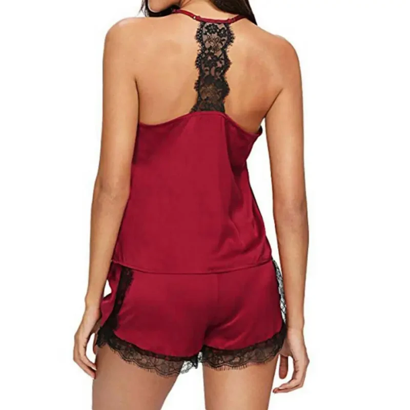 Hot sale ladies summer sexy silk lace solid color pajamas camisole top shorts skin-friendly home underwear pajamas set retail - Image 2