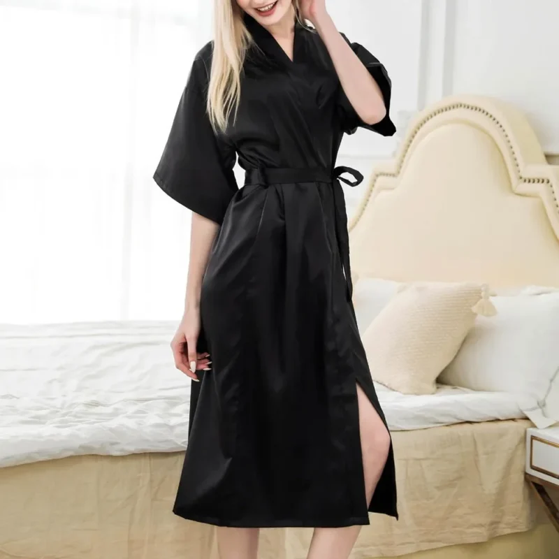 Roben Bademantel Satin Seide Pyjama Damen Hochzeit Kurzarm Lang Lose Nachthemd Dessous Kurzarm Lang Lose Nachthemd - Image 2