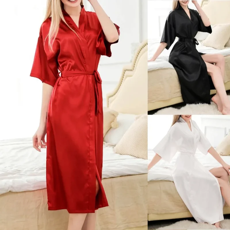 Roben Bademantel Satin Seide Pyjama Damen Hochzeit Kurzarm Lang Lose Nachthemd Dessous Kurzarm Lang Lose Nachthemd - Image 6