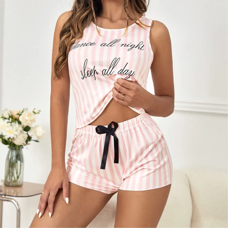 Pajamas for Women Summer Solid Sleepwear Cotton Pyjamas Set Tank Top Shorts Cute Underwear Set Soft Sleeveless Nightwear - Image 2