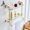 VidricShelves Double Tempered Glass Rack Gold Brass Towel Bar Hanger Cosmetic Holder Home Deco Accessories Wall Shelf 87314