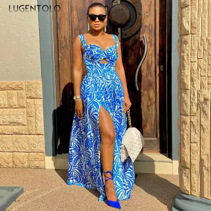 Women Sexy Summer Dress Fashion Spaghetti Strap Print Splits Sleeveless Lady Casual Big Swing Backless New Beach Long Cloth - Image 2