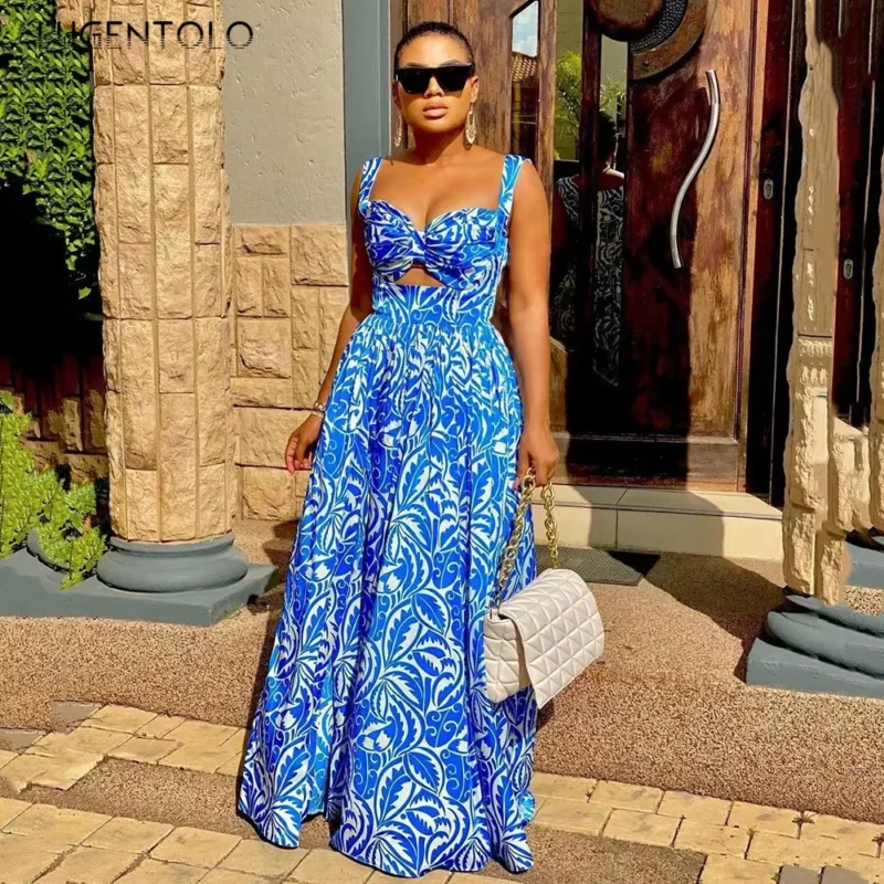 Women Sexy Summer Dress Fashion Spaghetti Strap Print Splits Sleeveless Lady Casual Big Swing Backless New Beach Long Cloth - Image 3