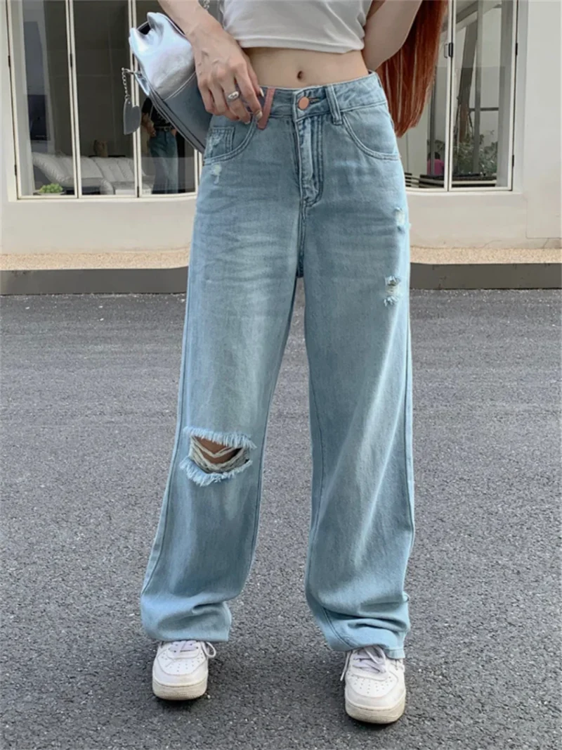 PLAMTEE S-XL Women Pockets Jeans Chic Loose Autumn Straight Casual 2023 New Denim Vintage Wide Leg Daily Streetwear Pants