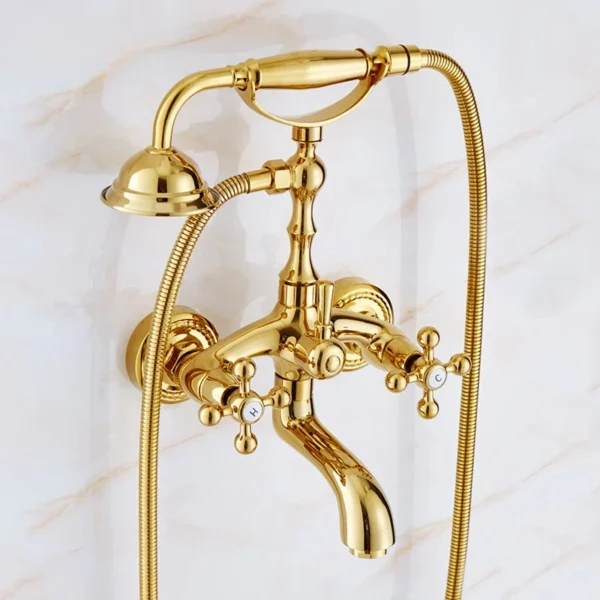 Antique Brass Bathtub Shower Faucet Porcelain Deco Dual Handles Mixer Deck Mount with Adjustable Angle Showerhead